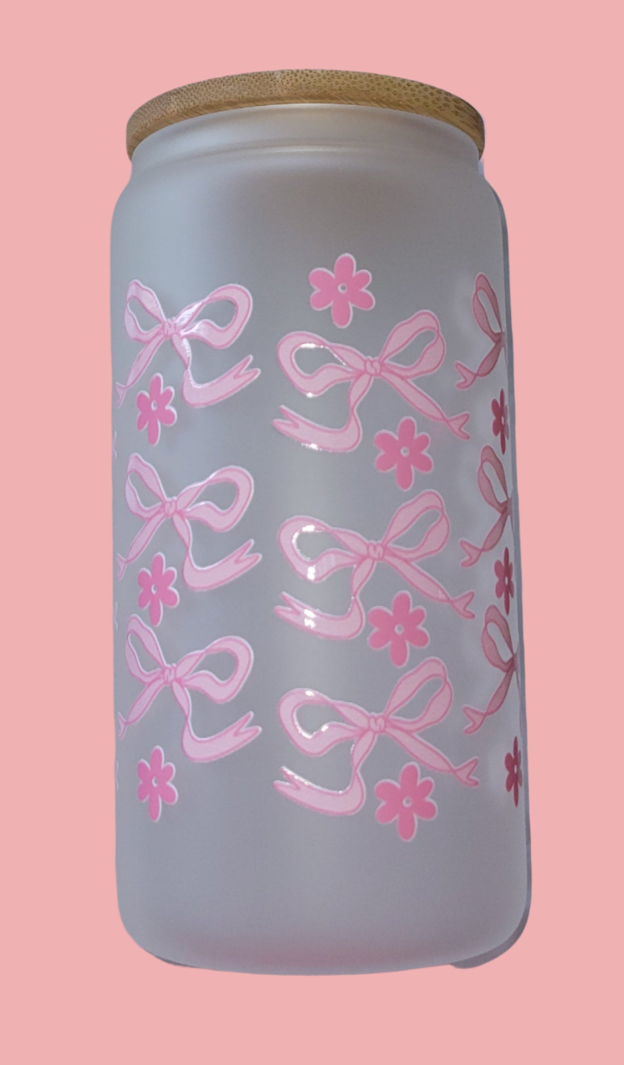 Pink Bow with Flower Frosted Glass Cup