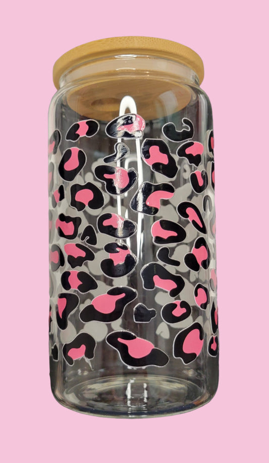 Pink Cheetah print glass cup